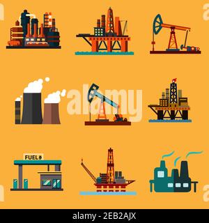 Symbole der Erdölindustrie in flachem Stil mit Offshore-Ölplattformen, Ölpumpenhebern, Ölraffinerien, thermischen Kraftwerken und Tankstellen Stock Vektor