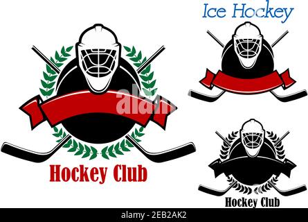 Eishockey-Club Embleme Design mit Hockey Pucks verziert mit Lorbeerkranz, Band Banner, Torwartmasken auf der Oberseite und gekreuzte Sticks auf dem Hintergro Stock Vektor