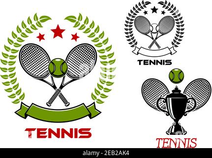 Tennis-Turnier-Embleme oder Abzeichen Designs mit gekreuzten Schlägern, Bällen und Pokalbechern eingerahmt von Lorbeerkränzen, Bandbannern und Sternen Stock Vektor