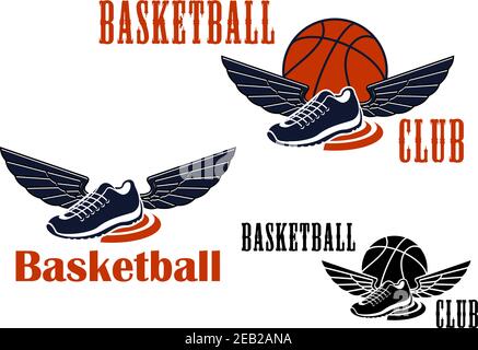 Basketball-Spiel-Symbole mit geflügelten Basketball Turnschuhe und Bälle auf Der Hintergrund in orange und blau Stock Vektor
