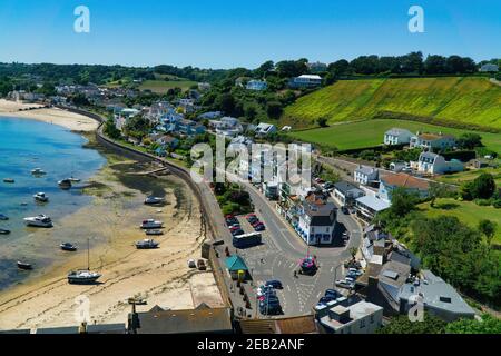 Erhöhte Aussicht vom Mont Orguiel Schloss mit Blick auf die Gegend von Gorey, Jersey, Kanalinseln Stockfoto