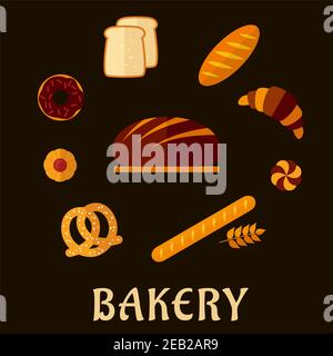 Frische Backwaren-Ikonen in flachem Stil mit rundem Roggenbrot auf dem Holzbrett, umgeben von langem Brot, Toast, französischem Baguette, salzigem Pret Stock Vektor