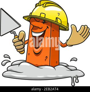 Cartoon glücklich Backstein professionelle Maurer Charakter mit Kelle in der Hand tragen gelben Bau Helm und Handschuhe, im Mörtel stehen Stock Vektor