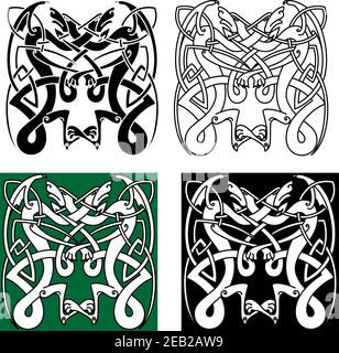 Totem Tiere Ornament im Tribal Stil mit fliegenden Drachen, verziert mit traditionellen keltischen oder skandinavischen Knoten Muster. Für Tattoo oder Kunstdesign Stock Vektor