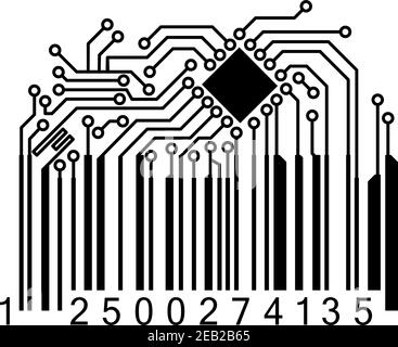 Barcode mit Platinen-Layout-Elementen und Chip auf der Oberseite isoliert auf weißem Hintergrund, für Computertechnik oder Retail-Konzept-Design Stock Vektor