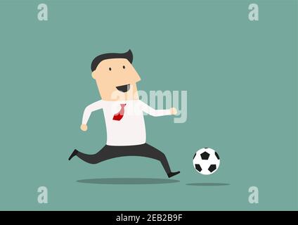 Cartoon Geschäftsmann Fußballspieler läuft mit dem Ball auf Th Ein Stock Vektor