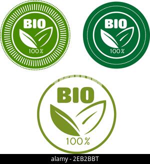 Bio- und Naturlebensmitteletiketten mit Text 100 Prozent, Bio- und Grünblättern, eingerahmt von runden Siegeln für die Verpackung von Lebensmitteln oder Getränken Stock Vektor