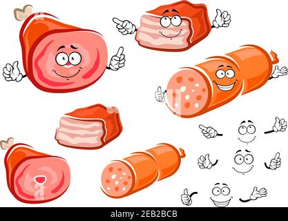 Wurst, Schweinebein mit Knochen und gebackenen Hackbraten Comic-Figuren. Fleischprodukte mit niedlichen lächelnden Gesichtern für Metzgerei oder frisches Food-Design Stock Vektor
