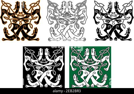 Keltische Tiermuster mit Wildhunden, verziert mit traditionellen Knotenornamenten. Für Kunst oder Tattoo Design Stock Vektor