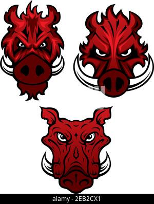 Rote Wildschweine Köpfe mit gefährlichen scharfen Stoßzähnen isoliert auf weißem Hintergrund, für Tattoo oder Maskottchen-Design Stock Vektor
