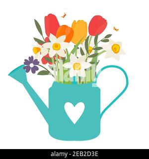 Gartenbewässerungskanne mit Frühlingsblumen Tulpen und Narzissen. Vektorgrafik EPS10 Stock Vektor