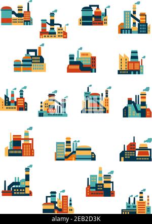 Industrielle Fabriken und Anlagen Ikonen in flachem Stil mit rauchenden Kaminen, isoliert auf weiß, für Ökologie oder Technologie-Design Stock Vektor