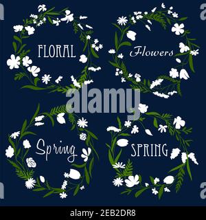 Frühlingsblumen Kränze mit weißen blühenden Blumen, Kräutern und dunkelgrünen Gras Zweig, für Grußkarte oder floralen Rahmen Design Stock Vektor