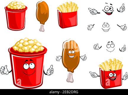 Cartoon Fast Food pommes Frites Box, gebratenes Hühnerbein und Popcorn-Figuren mit fröhlichen lächelnden Gesichtern, für Essen zum Mitnehmen Design Stock Vektor
