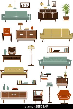 Retro-Möbel mit verschiedenen Sofas und Sesseln, Boden-und Pendelleuchten, Holz Bücherregale, Kommode und Nachttisch mit tv und Home int Stock Vektor
