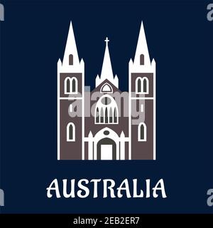 Australisches Wahrzeichen-Konzept in flachem Stil mit anglikanischer Kathedralkirche Im gotischen Stil mit gewölbten Fenstern und hohen Türmen Stock Vektor