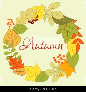 Herbstliches Laub runder Rahmen mit orangefarbenen, gelben und grünen Blättern, Viburnum-Beeren und Strauchsamen Stock Vektor