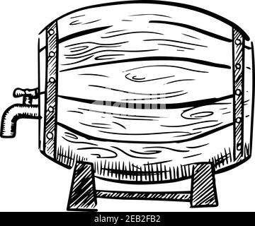 Altes Holzweinfass auf Regalen mit Metallreifen und einem Hahn im Skizzenstil, isoliert auf weißem Hintergrund Stock Vektor