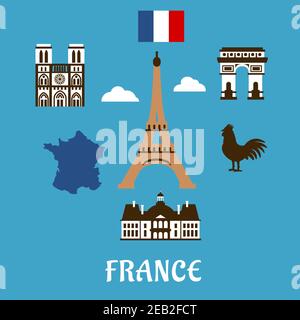 Frankreich Reisesymbole mit Eiffelturm umgeben von berühmten Wahrzeichen wie Triumphbogen, Kathedrale Notre Dame, Nationalkarte, Flagge und gallischem Hahn Stock Vektor