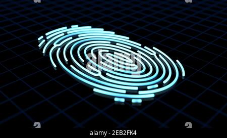 Fingerabdruck auf dunklem Hintergrund. Sicherheit und Identifizierung. Biometrische Technologie. 3D Abbildung. Stockfoto