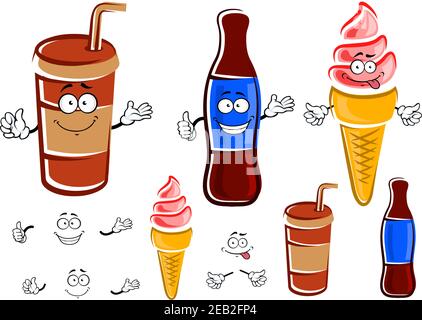 Cartoon lustige Takeaway Papierbecher mit Trinkhalm und Glas Eine Flasche Limonade und Erdbeereis in Waffel Kegelförmige Zeichen Stock Vektor