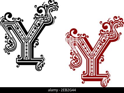 Retro-Großbuchstabe Y in rot und schwarz mit geschwungenen Kurven, Wendungen und Punkten. Isoliert auf weißem Hintergrund für Monogramm oder mittelalterliches Design Stock Vektor