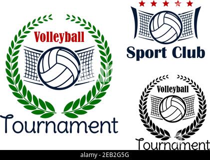 Volleyball-Club und Turnier Embleme mit Volleyballbällen, Netz und grünen Lorbeerkranz Stock Vektor