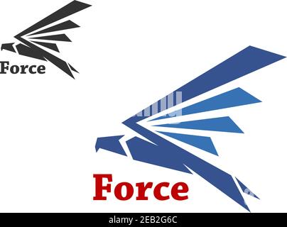 Abstraktes Kraftsymbol mit blauer Silhouette des Falkenvogels isoliert Auf weißem Hintergrund Stock Vektor