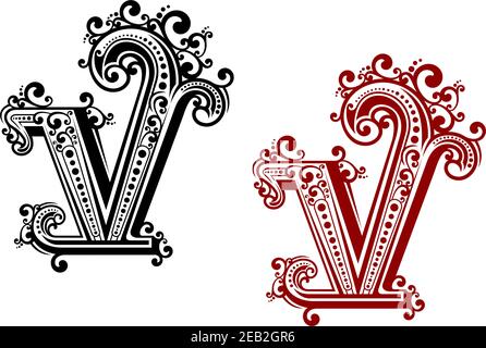 Dekorativer Großbuchstabe V mit vintage kalligrafischen Elementen und floralen ornamentalen Curlicues, in roten und schwarzen Farbvariationen. Für Monogramm oder INI Stock Vektor