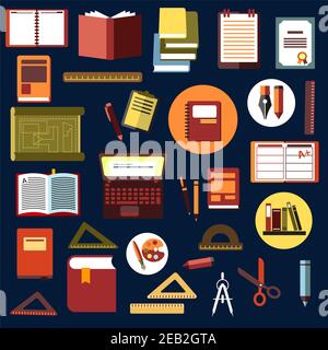 Bildung flache Symbole mit Büchern, Laptop, Notizbücher, Tagebuch, Zeichnung, Zwischenablage, Übungsbücher Bleistifte, Stifte Lineale Farben Scheren Kompasse und diplom Stock Vektor