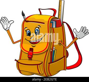 Freundliche gelbe Schule Rucksack Cartoon-Charakter mit Büchern, Lineal, Bleistifte und Pinsel zu malen. Für den Schulabschluss oder die Bildung Konzept Design Stock Vektor