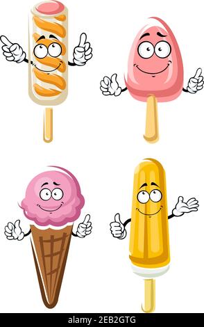 Lustige fruchtige Eis auf Sticks, Beere Eisportionierer in Waffelkegel und orange Popsicle Cartoon-Figuren, für Dessert oder Snack-Design Stock Vektor