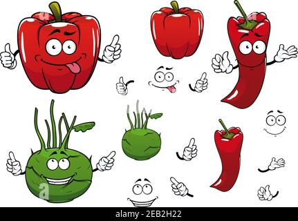 Gesunde frische Kohlrabi Kohl, rote Chili und Paprika Gemüse Comic-Figuren mit glücklich lächelnden Gesichtern, für die Landwirtschaft oder vegetarische Lebensmittel d Stock Vektor