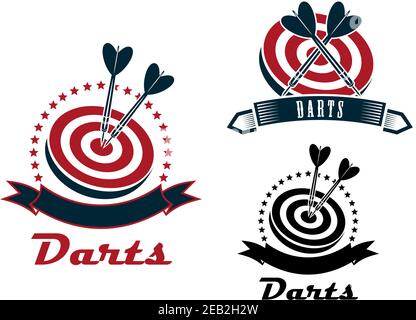 Darts Sport Embleme oder Symbole mit einem Band Banner, Dartscheibe und Darts in verschiedenen Designs, dunkelgrau und rot Farben Stock Vektor