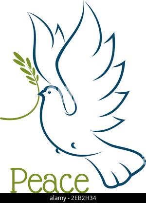 Fliegende Taube oder Taube mit Olivenzweig und eleganten geschwungenen Flügeln isoliert auf weißem Hintergrund. Für Frieden oder Religion Konzept Stock Vektor