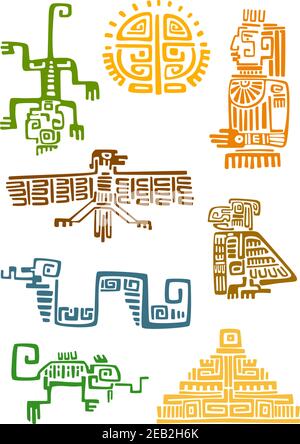 Alte azteken und maya ornamentalen Symbole der Sonne, gott Idol, Pyramide, Adler, Rabe, Affe, Sneak, Eidechse. Für Totem Tier, Religion oder Tattoo Design Stock Vektor