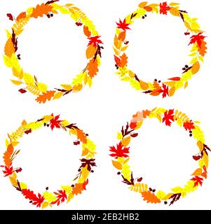 Herbstliche Blätter Rahmen und Grenzen mit bunten Blättern, trockenen Kräutern, Eicheln und Trauben von Viburnum Früchte Stock Vektor