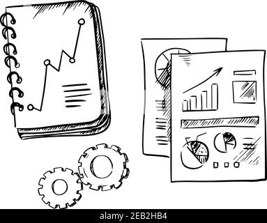Geschäftsnotizen, Berichte und Zahnräder zeigen Notizen und Papierbögen mit Finanzliniengraphen und Kreisdiagrammen. Skizzenstil Stock Vektor