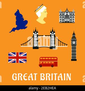 Großbritannien Reise flache Symbole und Symbole der Nationalflagge, Karte, Tower Bridge, Big Ben, Kathedrale und Doppeldecker roten london Bus Stock Vektor