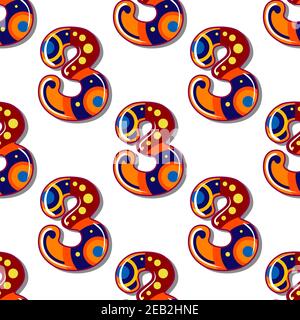 Zahlen 3 Bunte geometrische nahtlose Muster auf weißem Hintergrund, für Kids Party oder Geburtstag Design Stock Vektor