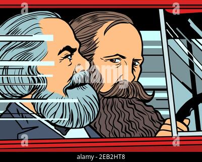 Karl Marx und Friedrich Engels im Auto Stock Vektor