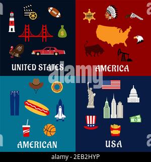 USA Reise flache Symbole mit Karte, Flagge, Dollar, Fast Food und Getränke, Freiheitsstatue, Wolkenkratzer, Brücke Auto Cowboy Hut Pistole, Sheriff Sternadler, Mo Stock Vektor