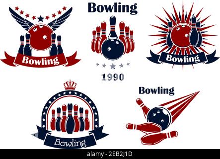 Bowling-Spiel Retro-Symbole oder Embleme mit Streik, Bälle, Ninepins, Flügel, Sterne, Strahlen, Krone und Band Banner Stock Vektor