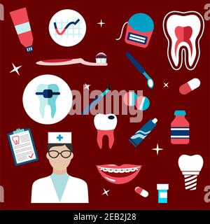 Zahnmedizin flache Symbole mit Zahnarzt, gesunden Zahnquerschnitt, kariösen Zahn, Implantat, Zahnspiegel und Sonde, Pillen, Zahnbürste und Paste, Zahnseide, b Stock Vektor