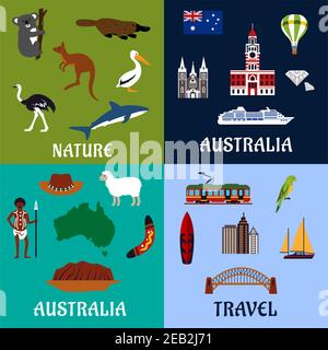 Australien Reisesymbole und Symbole im flachen Stil mit Nationalflagge, Karte, Wahrzeichen, Surfbrett und Yachten, Bumerang, Aboriginal, einzigartiger Natur und ra Stock Vektor