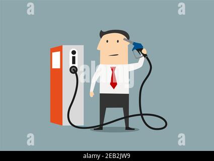 Geschäftsmann tanken sein Gehirn von einer Pumpe mit einem Symbol für Informationen und Wissen, oder Preis für Benzin markiert Stock Vektor