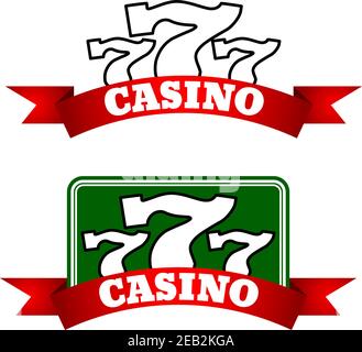 Jackpot Casino Embleme oder Logo mit Gewinnkombinationen von dreifachen sieben auf grünem Brett, dekoriert durch glühende rote Band Banner Stock Vektor