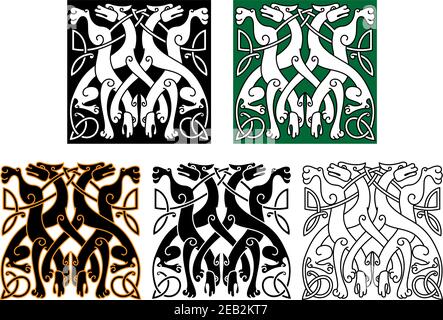 Vintage Tiermuster mit dekorativen Wölfen verflochten Schwänze und Beine, geschmückt mit keltischen Knoten ornamentalen Elementen für Tattoo oder mittelalterliche Kunst Stock Vektor