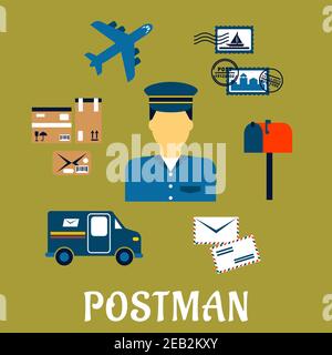 Flache Postsymbole um einen Postmann mit Briefmarken, Briefkasten, Paketen, Lieferwagen, Flugzeug und Buchstaben auf grünem Hintergrund. Postmann Beruf conce Stock Vektor