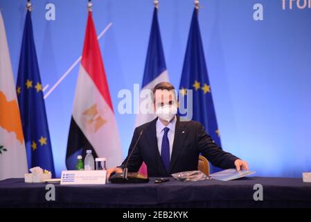 Athen, Griechenland. Februar 2021, 11th. Griechischer Premierminister Kyriakos Mitsotakis beim Philia Forum (Foto: Dimitrios Karvountzis/Pacific Press) Quelle: Pacific Press Media Production Corp./Alamy Live News Stockfoto